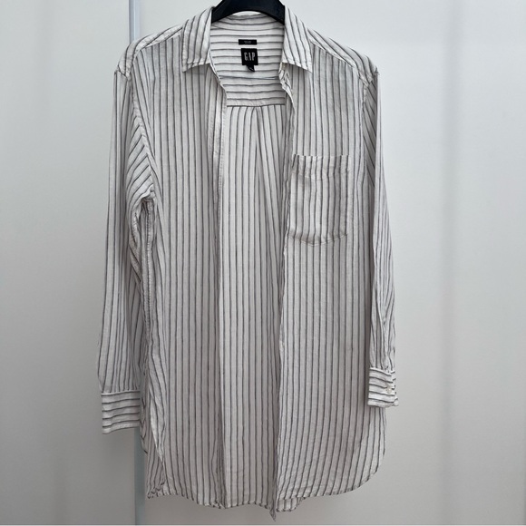 GAP 100% linen stripe tunic button up long sleeve shirt S white grey cover-up - Picture 4 of 11